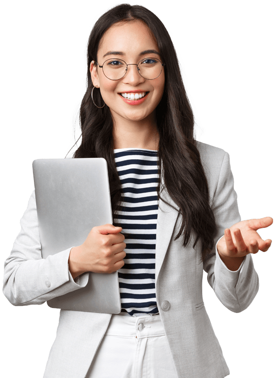girl holding a laptop in standing position